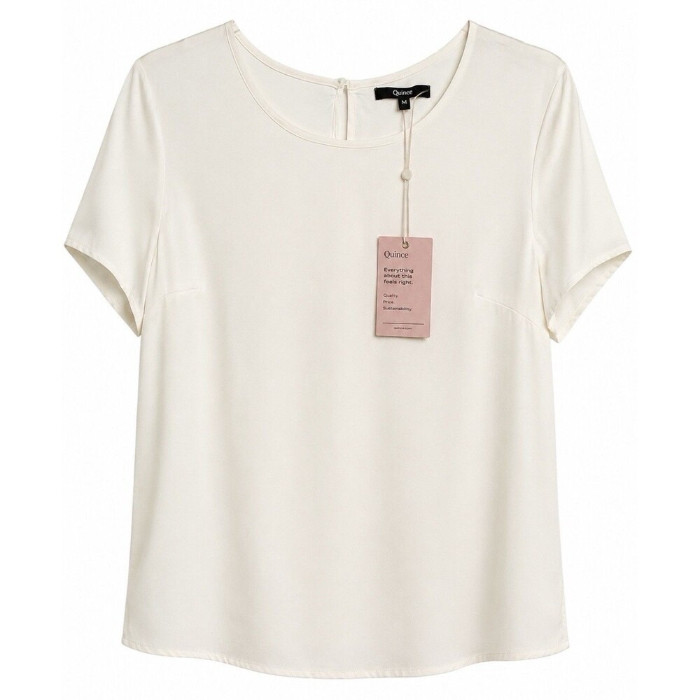 NWT Quince 90% Silk Stretch Tee Ivory Blouse Short Sleeve Quiet Luxury Medium
